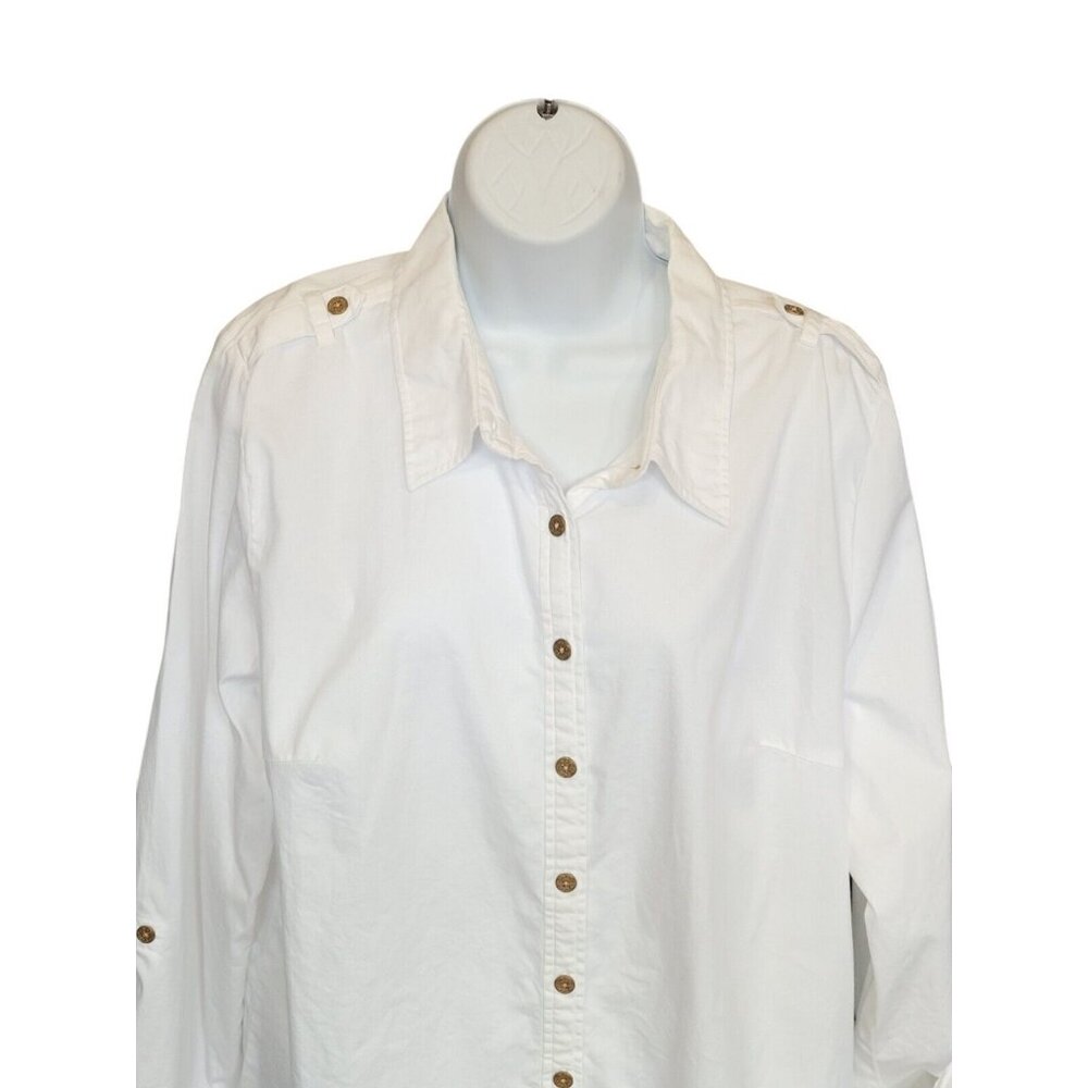 DENIM & CO Shirt Top Womens L White Long Roll Tab Button Front Collared Epaulet - Picture 3 of 9